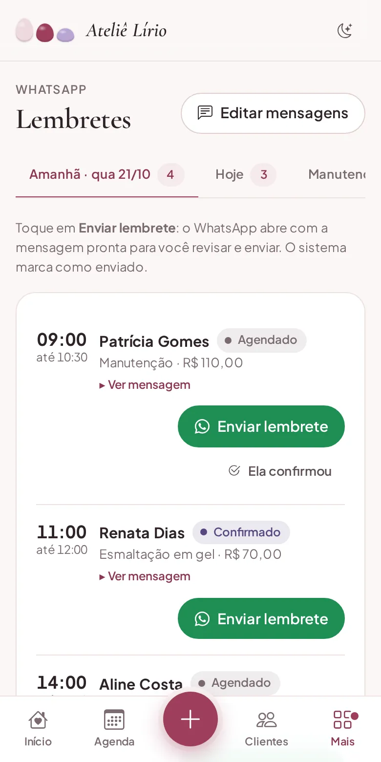 Lembretes de amanhã com o botão Enviar lembrete